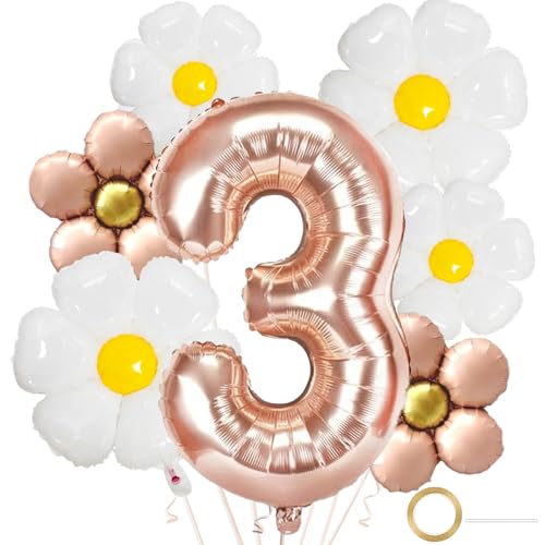 DazzJoy Geburtstagsdeko 3 Jahre Mädchen mit Gänseblümchen Folienballon, Luftballons Deko 3. Geburtstag Mädchen, Luftballon 3 Jahre Geburtstag Mädchen, Ballon 3 Geburtstag für Kindergeburtstag Deko von Dazzjoy
