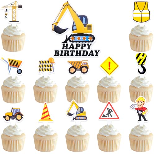 DazzJoy 37 Stück Happy Birthday Tortendeko Baustelle, Bagger Kuchendeko, Traktor Muffin Deko, Kuchen Deko Geburtstag von Dazzjoy