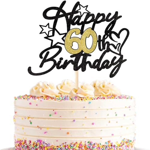 DazzJoy Tortendeko 60. Geburtstag für Frau und Mann - Happy 60th Birthday Cake Topper, Kuchendeko, Glitzer Torten Deko in Schwarz Gold für 60 Jahre Männer und Frauen von Dazzjoy