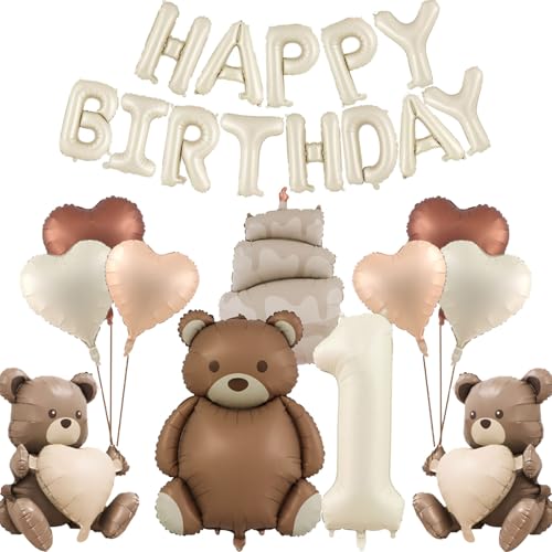 DazzJoy Bär Geburtstagsdeko 1 Jahr, Luftballon Geburtstag Mädchen Junge, Happy Birthday Ballon, Luftballons Deko Erster Geburtstag von Dazzjoy