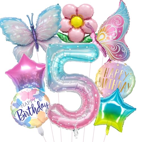 DazzJoy Schmetterling Luftballon Geburtstagsdeko für Mädchen 5 Jahre - Folienballon und Luftballons für 5. Geburtstag von Dazzjoy