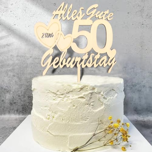 DazzJoy Holz Tortendeko 50. Geburtstag für Mann und Frau - Cake Topper, Alles Gute zum 50., Happy 50th Birthday Torten Deko, Kuchendeko für Geburtstagsfeier von Dazzjoy