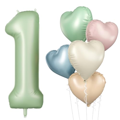 DazzJoy Luftballon 1. Geburtstag Grün, 32 Zoll Salbeigrün Luftballons Zahlen 1, Geburtstagsdeko 1 Jahr Junge Mädchen, Herz Ballon 1 Geburtstag Junge Mädchen Deko von Dazzjoy