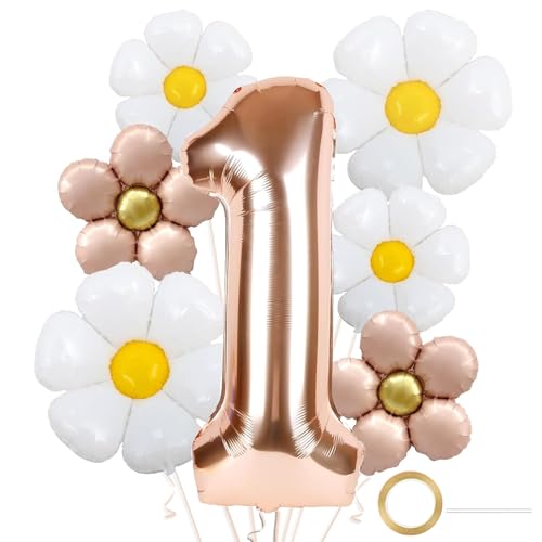 DazzJoy Geburtstagsdeko 1 Jahr Mädchen mit Gänseblümchen Folienballon, Luftballon Deko 1. Geburtstag Mädchen Junge, Helium Ballon 1 Rosegold für Kindergeburtstag Deko, Ballon 1 Geburtstag Mädchen Deko von Dazzjoy