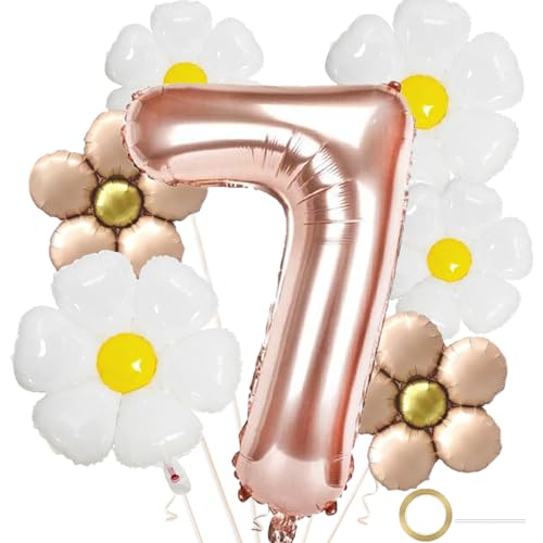 DazzJoy Geburtstagsdeko für Mädchen 7 Jahre - Gänseblümchen Folienballon, Luftballons, Riesen Folienballon 7 Rosegold, Deko für 7. Geburtstag von Dazzjoy
