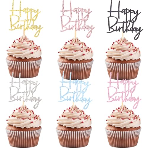 DazzJoy 24 Stück Happy Birthday Tortendeko Geburtstag,Happy Birthday Cupcake Topper 6 Farben,Glitzer Muffin Deko Geburtstag,Happy Birthday Kuchen Deko Geburtstag,9,8x5cm Cupcake Deko von Dazzjoy