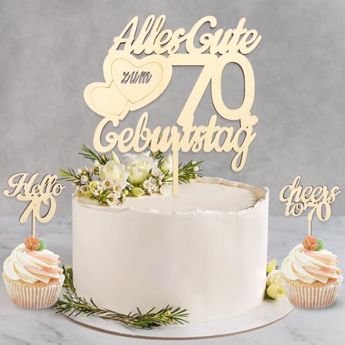DazzJoy Holz Tortendeko 70. Geburtstag für Mann und Frau - 3 Stück Kuchen Topper, Alles Gute zum 70. Deko Set - 70 Jahre Kuchendekoration von Dazzjoy