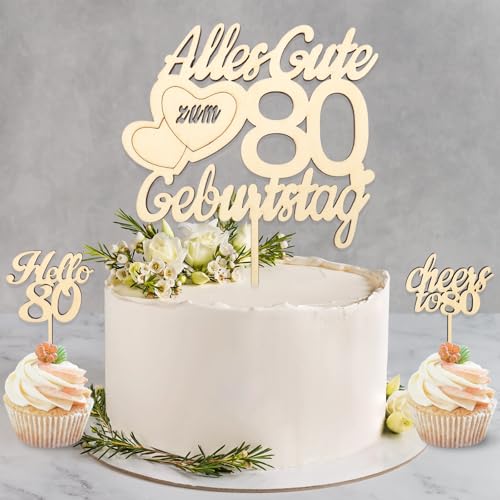 DazzJoy Holz Tortendeko 80. Geburtstag für Frau und Mann - Cake Topper, Alles Gute zum 80. Geburtstag, Torten Deko, Kuchendeko für 80 Jahre von Dazzjoy