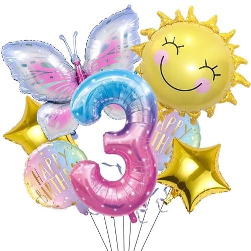 DazzJoy Sonne Schmetterling Folienballon 3 Jahre Geburtstag Deko,Schmetterlinge Geburtstagsdeko 3 Jahre Mädchen,Schmetterling Deko Luftballon 3. Geburtstag,Kindergeburtstag Deko Schmetterling Themen von Dazzjoy