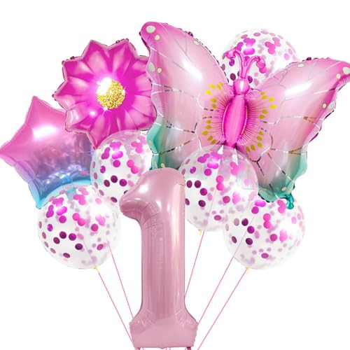 DazzJoy Schmetterlinge Deko 1. Geburtstag Mädchen, Luftballons 1. Geburtstag Mädchen Deko, Schmetterling Geburtstagsdeko 1 Jahr Mädchen, 1 Jahr Geburtstag Mädchen, Erster Ballon 1 Geburtstag Mädchen von Dazzjoy