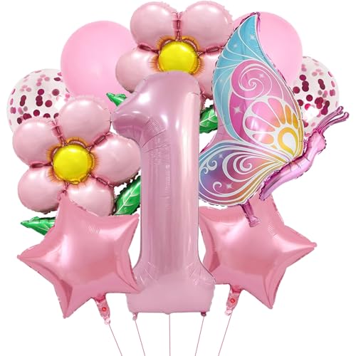 DazzJoy Geburtstagsdeko 1 Jahr Mädchen - Schmetterlinge Luftballon Deko Rosa, Konfetti Ballon, Helium Ballon - Erster Geburtstag von Dazzjoy