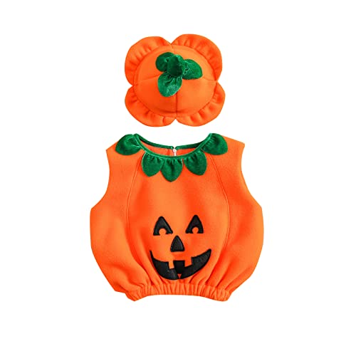 Dazzerake 2 Stück Set Baby Jungen Mädchen Halloween Kostüm Baby Strampler + Hut Kostüm Halloween Kürbis für Baby Unisex 6 Monate bis 3 Jahre, Orange G, 6-12 Monate von Dazzerake