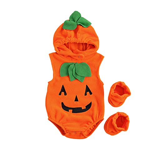 Dazzerake 2-teiliges Halloween-Kostüm für Babys, Jungen, Mädchen, 3-24 Monate, Strampler mit Kapuze, ohne Ärmel und Schuhe, Orange, 12-18 monate von Dazzerake