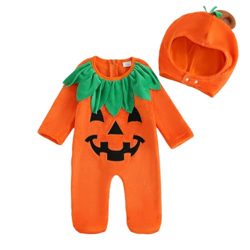 Dazzerake 3-teiliges Halloween-Set für Babys, Jungen, Mädchen, Halloween-Kostüm, 0-24 Monate, langärmelig, Hut und Schuhe, Orange A, 0-3 Monate von Dazzerake