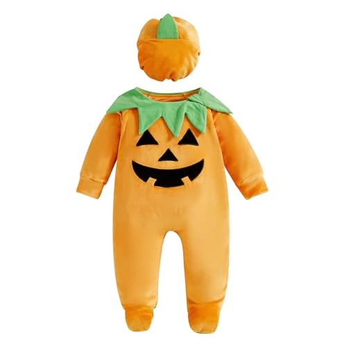 Dazzerake 3-teiliges Halloween-Set für Babys, Jungen, Mädchen, Halloween-Kostüm, 0-24 Monate, langärmelig, Hut und Schuhe (Orange C, 0-3 Monate) von Dazzerake