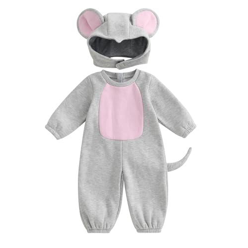 Dazzerake Halloween Set Baby Jungen Mädchen Kostüm Baby Overall Langarm + Hut Kostüm Halloween Maus für Kinder 0-3 Jahre (Grau, 6-12 Monate) von Dazzerake