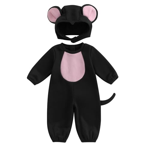 Dazzerake Halloween Set Baby Jungen Mädchen Kostüm Baby Overall Langarm + Hut Kostüm Halloween Maus für Kinder 0-3 Jahre (Schwarz, 6-12 Monate) von Dazzerake