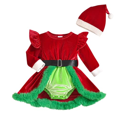 Dazzerake Weihnachts-Set für Babys, Mädchen, Kostüm, Strampler, aus geripptem Samt, mit Haarband, 0-24 Monate, Rot / Grün., 3-6 Monate von Dazzerake