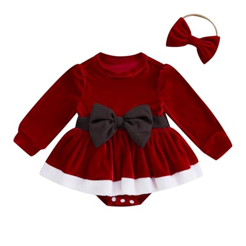 Dazzerake Weihnachts-Set für Babys, Mädchen, Kostüm, Strampler, aus geripptem Samt, mit Haarband, 0-24 Monate, Weinrot, 6-12 Monate von Dazzerake