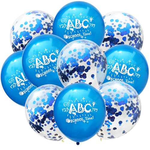 DazzJoy 10 Stück Schulanfang Deko Luftballons Blau,12 Zoll ABC Einschulung Luftballons,Helium Ballons Einschulung mit Konfetti,Schulkind Luftballon Schuleinführung Deko,Schulanfang Luftballon von Dazzjoy