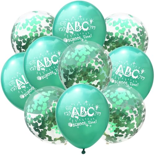 DazzJoy 10 Stück Schulanfang Deko Luftballons Grün,12 Zoll ABC Einschulung Luftballons,Helium Ballons Einschulung Deko,Konfetti Luftballon Schulanfan,Schuleinführung Deko Schulkind Ballons von Dazzjoy