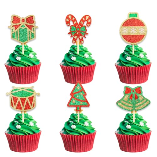 DazzJoy 12 Stk Weihnachten Cupcake Topper, Glitter Muffin Deko, Tortendeko, Kuchen Deko, Weihnachtsglocken für Kuchen von Dazzjoy