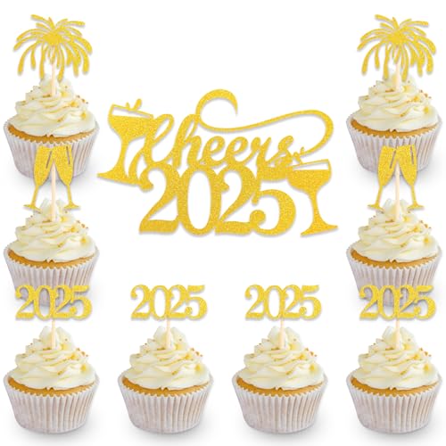 DazzJoy 13 Stk Glitter 2025 Happy New Year Tortendeko,Silvester Deko 2025,Happy New Year 2025 Cupcake Topper,2025 Silvester Kuchen Deko,2025 Neujahr Kuchendeko,Happy New Year Deko für Silvester Party von Dazzjoy