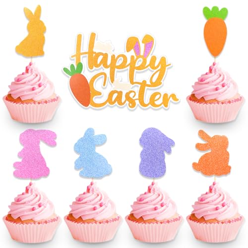 DazzJoy Tortendeko Ostern,13 Stück Ostern Cupcake Topper Hasen Deko,Tortendeko Hasen,Ostern Deko Kuchen,Ostern Muffin Deko Möhren,Hasen Kuchendeko,Happy Easter Cake Topper,Ostern Party Deko Torte von Dazzjoy