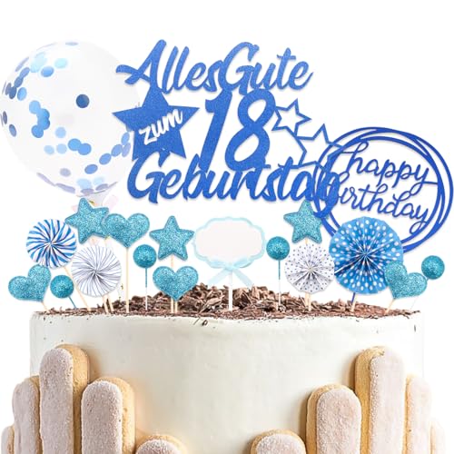DazzJoy 23 Stk Blau Cake Topper 18 Geburtstag Junge Mädchen,Glitter Tortendeko 18. Geburtstag Deko,Kuchendeko 18 Geburtstag Deko mit Geburtstagskerzen,18. Geburtstag Junge Deko Torte von Dazzjoy