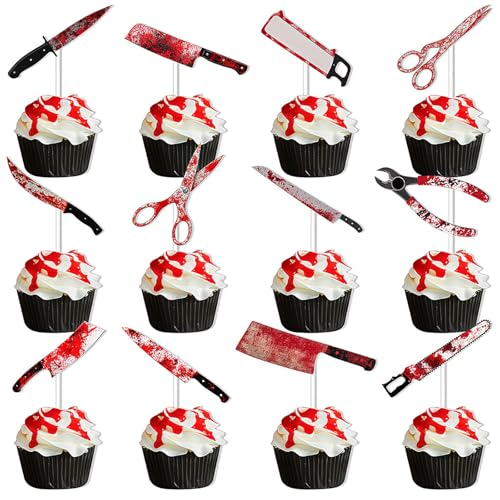 DazzJoy 24 Stück Halloween Cupcake Toppers Blut Messer, Halloween Horror Thema Blutflecken Messerset Torten Deko, Blut Messer Muffin Deko, Halloweene Kuchen Dekoration, Kuchendeko Horror Dekoration von Dazzjoy