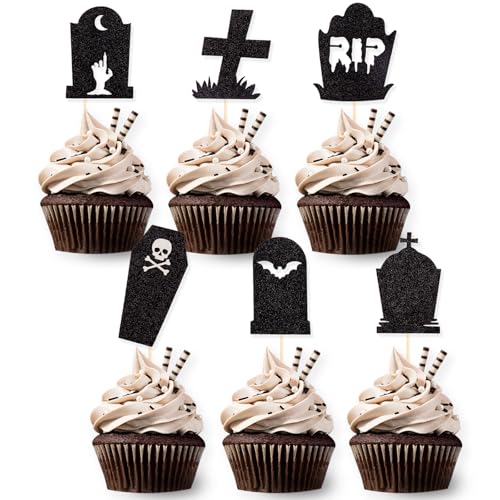 DazzJoy 24 Stück Halloween Cupcake Toppers Grabstein, Glitzer Deko Torte, Tortendeko Schwarz, Muffin Deko, RIP Kuchen Deko, Cake Toppers von Dazzjoy