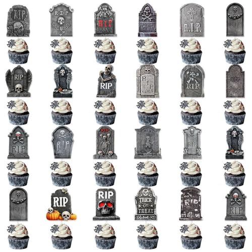 DazzJoy 24 Stück Halloween Cupcake Toppers Grabstein Skelett, Horror Grabstein Skelett Deko Torte, Friedhof Muffin Deko, Grabstein Skeleton Thema Torten Deko, Halloween RIP Kuchen Dekoration von Dazzjoy