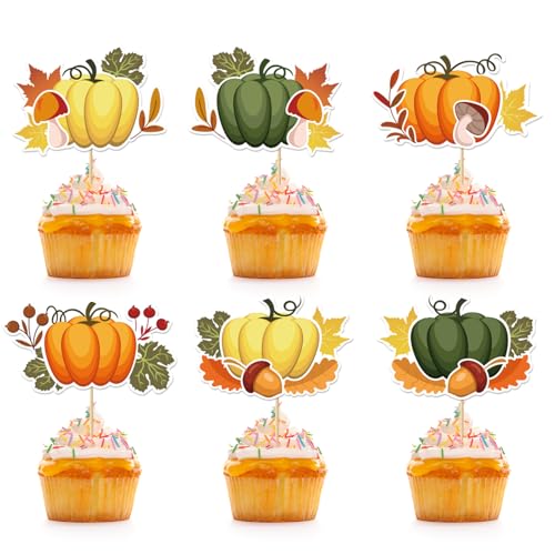 DazzJoy 24 Stück Herbst Tortendeko, Herbst Deko Cake Topper, Kürbis Deko Kuchen, Herbstdeko Tortendeko Geburtstag, Pumpkin Kuchen Deko mit Ahornblätter und Eicheln für Erntedankfest Thanksgiving Party von Dazzjoy