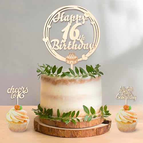 DazzJoy Holz 3 Stk Tortendeko 16. Geburtstag für Mädchen und Jungen, Sweet 16 Kuchen Deko, Happy 16th Birthday Cake Topper von Dazzjoy