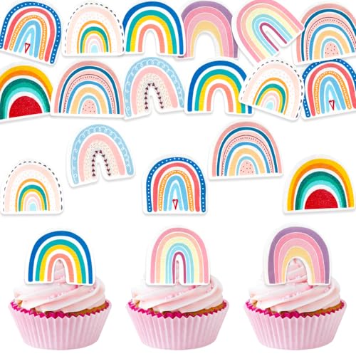 DazzJoy 40 Stück Essbare Tortendeko Regenbogen,Esspapier Regenbogen Kindergeburtstag,Kuchen Deko Essbar,Cupcake Topper Essbar,Essbare Torten Deko Mädchen von Dazzjoy