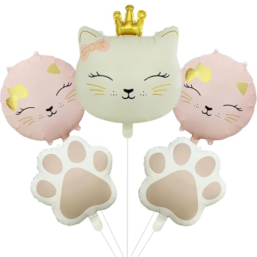 DazzJoy 5 Stück Katzen Deko Luftballons Tiere Geburtstag Set, XXL Luftballon Tiere Ballons Katze, Folienballon Tiere Katzen Geburtstag Deko Mädchen, Creme Rosa Kronen Katze Ballon für Party Animals von Dazzjoy