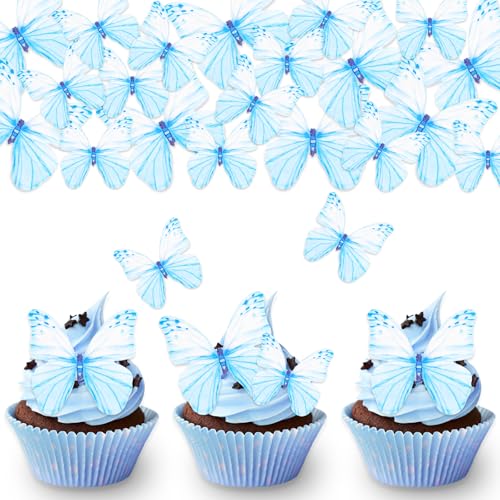DazzJoy 50 Stück Essbare Tortendeko Schmetterling,Blau Essbare Schmetterlinge für Torte,Schmetterling Kuchen Deko Essbar,Esspapier Tortendeko Essbar Mädchen,Schmetterling Cupcake Topper Essbar von Dazzjoy