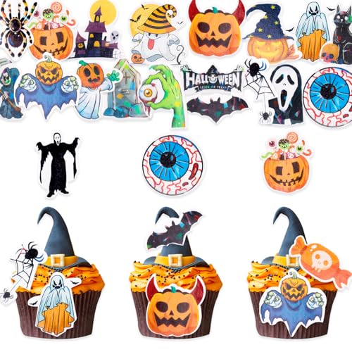 DazzJoy 60 Stück Tortendeko Essbar Halloween,Esspapier Tortendeko,Essbare Halloween Deko für Torte,Essbare Cupcake Toppers,Halloween Kuchen Deko Essbar,Essbare Deko Halloween,Halloween Deko Kuchen von Dazzjoy