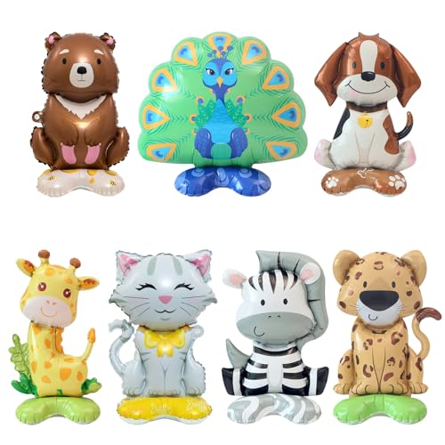 DazzJoy 7 Stück Luftballon Tiere Ballons Stehend, Tier Luftballons Tiere Kindergeburtstag Deko, Hund Bär Katze Zebra Pfau Giraffe Leopard Folienballon Waldtiere Stehend für Babyparty, Party Animals von Dazzjoy