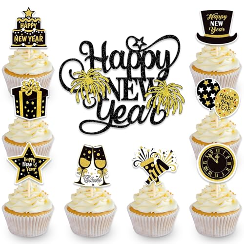 DazzJoy 9 Stk Happy New Year Tortendeko - Silvester Kuchen Deko, Neujahr Decoration, Kuchendeko, Cake Topper von Dazzjoy