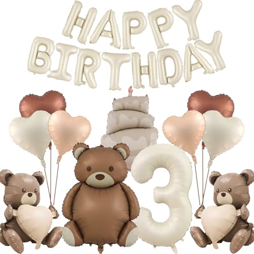 DazzJoy Bär Geburtstagsdeko 3 Jahre Junge, Luftballon 3 Jahre Geburtstag Junge Mädchen, Bären Happy Birthday Ballon 3 Geburtstag Junge, Folienballon 3. Geburtstag Junge, Bär Geburtstag 3 Jahre Junge von Dazzjoy