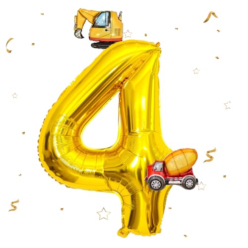 DazzJoy Bagger Luftballon 4. Geburtstag, 40 Zoll Gold Zahlenballon 4 mit Bagger Folienballon, Bagger Geburtstag Deko 4 Jahre Junge, Bagger Deko Zahlen 4 Ballon, Baustellen Party Kindergeburtstag Deko von Dazzjoy
