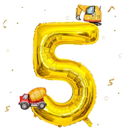 DazzJoy Bagger Luftballon 5. Geburtstag, 40 Zoll Gold Zahlenballon 5 mit Bagger Folienballon, Bagger Geburtstag Deko 5 Jahre Junge, Bagger Deko Zahlen 5 Ballon, Baustellen Party Kindergeburtstag Deko von Dazzjoy