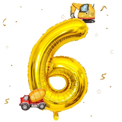 DazzJoy Bagger Luftballon 6. Geburtstag, 40 Zoll Gold Zahlenballon 6 mit Bagger Folienballon, Bagger Geburtstag Deko 6 Jahre Junge, Bagger Deko Zahlen 6 Ballon, Baustellen Party Kindergeburtstag Deko von Dazzjoy