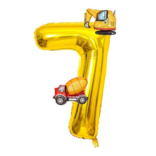 DazzJoy Bagger Luftballon 7. Geburtstag, 40 Zoll Gold Zahlenballon 7 mit Bagger Folienballon, Bagger Geburtstag Deko 7 Jahre Junge, Bagger Deko Zahlen 7 Ballon, Baustellen Party Kindergeburtstag Deko von Dazzjoy