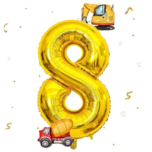 DazzJoy Bagger Luftballon 8. Geburtstag, 40 Zoll Gold Zahlenballon 8 mit Bagger Folienballon, Bagger Geburtstag Deko 8 Jahre Junge, Bagger Deko Zahlen 8 Ballon, Baustellen Party Kindergeburtstag Deko von Dazzjoy