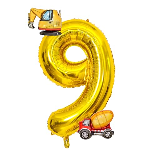 DazzJoy Bagger Luftballon 9. Geburtstag, 40 Zoll Gold Zahlenballon 9 mit Bagger Folienballon, Bagger Geburtstag Deko 9 Jahre Junge, Bagger Deko Zahlen 9 Ballon, Baustellen Party Kindergeburtstag Deko von Dazzjoy