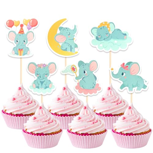 DazzJoy 24 Stück Babyparty Tortendeko Elefanten Deko,Elefant Cupcake Topper Baby Shower,Tortendeko Elefanten,Kuchendeko Baby Shower,Muffin Deko Babyparty,Gender Reveal Cake Topper von Dazzjoy