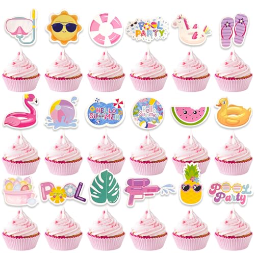 DazzJoy 36 Stück Hello Summer Cupcake Topper,Pool Party Cupcake Deko,Flamingo Hawaii Deko Torte,Tortendeko Sommer,Kuchendeko Hawaii,Muffin Deko Sommer,Hello Summer Tortendeko Pool Party von Dazzjoy