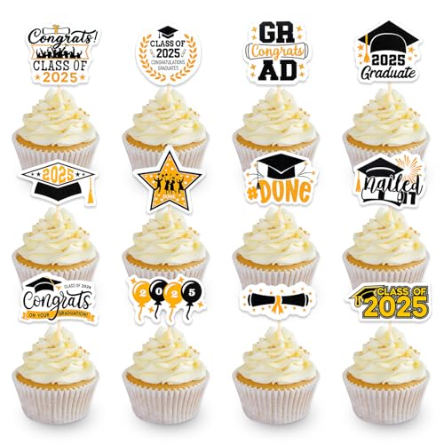 DazzJoy 24 Stück Abschluss Tortendeko Schwarz Gold,Graduation Cake Topper,Congratulation Tortendeko Abschlussfeier 2025,Kuchendeko Abschluss Deko,Prüfung Bestanden,2025 Abitur Deko Torten von Dazzjoy
